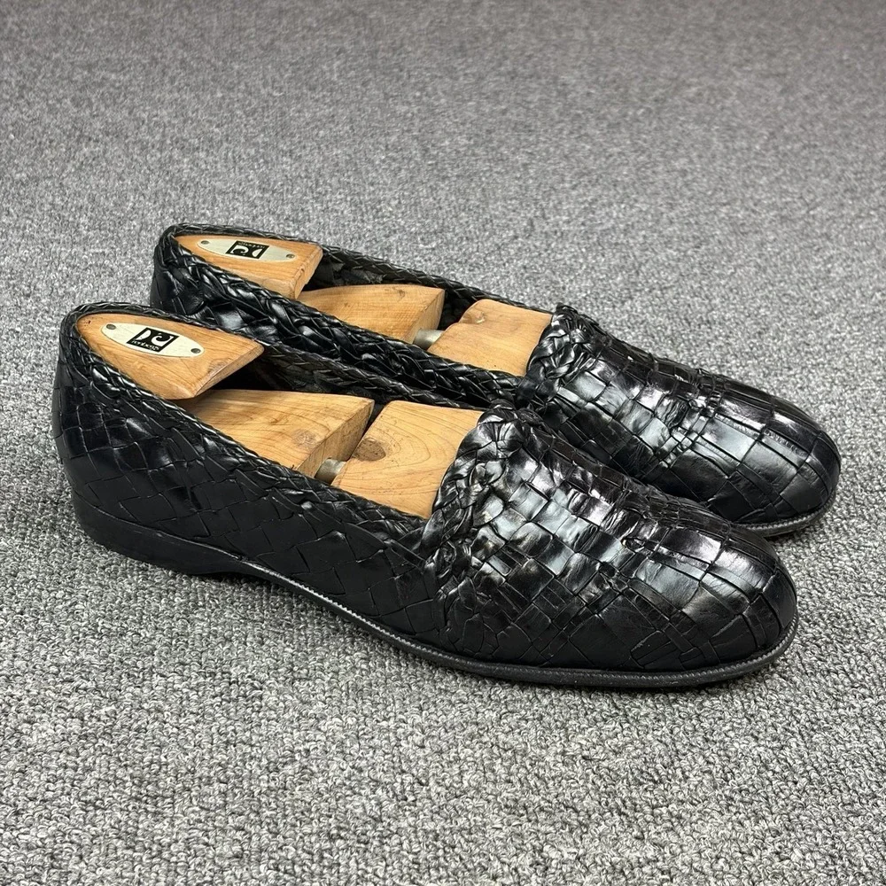 Moreschi Woven Leather Loafers Mens 9.5 Black Handmade Italy Huarache Slip On